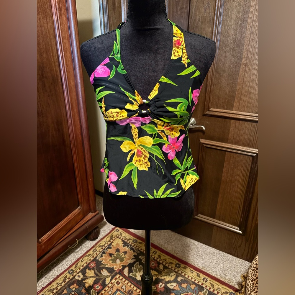 Floral Halter Tankini  Top and bottom- Black with Yellow & Pink Flowers